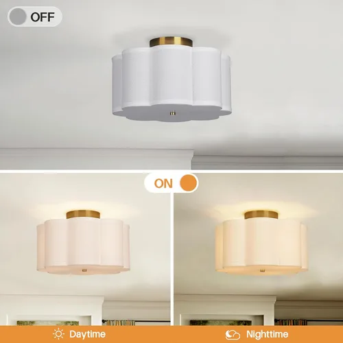 Vista 3 de Vexagyle Lámpara de techo moderna de montaje empotrado, lámpara de guardería de 3 luces con pantalla de tela blanca tipo pétalo, lámpara de techo