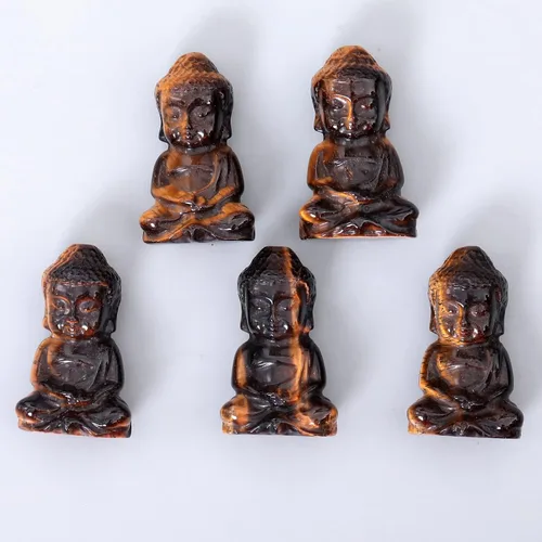 Vista 4 de Figura de cristal de Buda de cristal, 2 pulgadas, tallada a mano, piedra de bolsillo, decoración del hogar, ojo de tigre Ojo de tigre marrón
