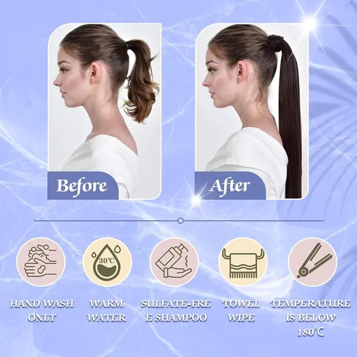 Vista 5 de Extensiones de cabello Full Shine con clip para cola de caballo, cabello humano, tonos medios marrones y rubio miel, envoltura alrededor de la cola