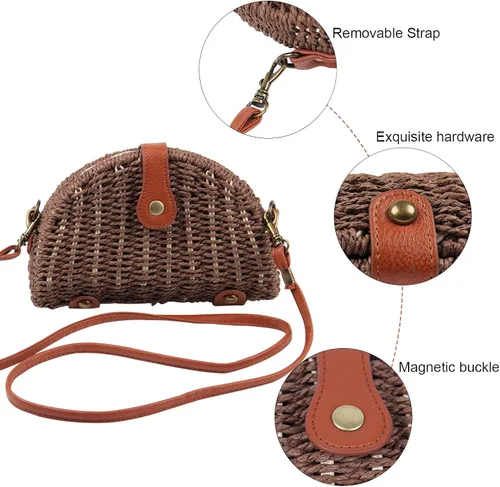 Vista 5 de KUANG! Bolso cruzado de paja para mujer, bolso de hombro y mensajero, bolso de paja para playa para mujer