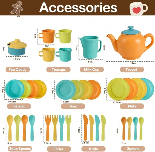 Vista 6 de BUYGER Accesorios de cocina para niños y juego de té para niños pequeños de 3 a 5 años, platos de juguete de cocina, utensilios, juego de vajilla