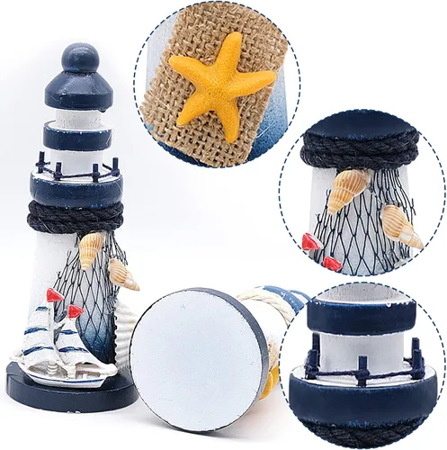 Vista 3 de 2 piezas de mini decoración de faro, modelo de faro en miniatura de madera, decoración temática náutica para baño, baby shower, fiesta, guardería