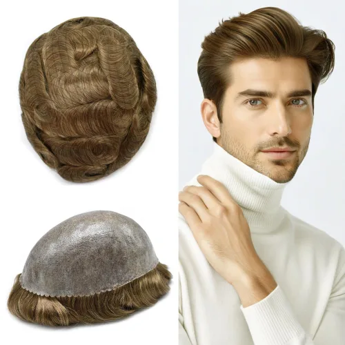 Vista 35 de Mens Toupee Hair System para hombres Piezas de pelo Sistema de reemplazo Poly Skin Toupee para hombres Protesis Capilar Para Hombre 6X8#1 Jet Black