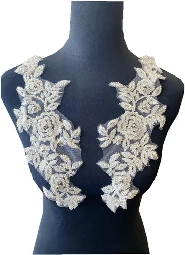 Vista 8 de PLune Apliques de encaje con cuentas, parches perfectos para vestidos de boda, accesorios de ropa, un par/bolsa, 5.5 x 12.9 pulgadas (azul)