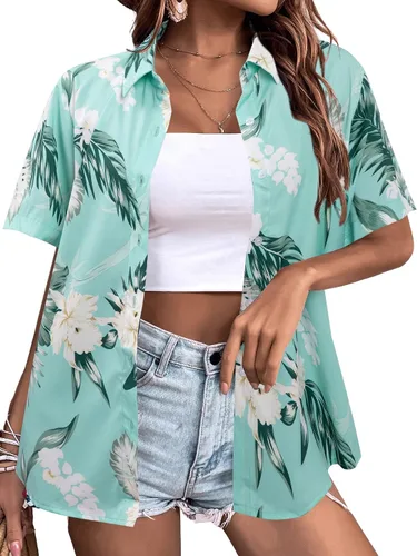Vista 2 de MYHALF Camisa hawaiana suave y fresca para mujer, camisas hawaianas de verano con estampado floral tropical, cuello en V, camiseta de manga corta