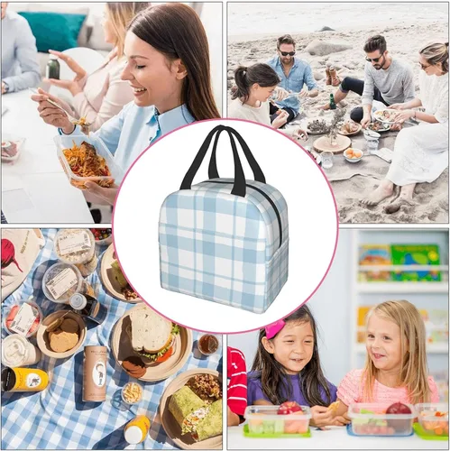 Vista 7 de Lonchera con diseño a cuadros azules aislada, bolsa térmica para almuerzo para adultos, niños, niñas, mujeres, oficina, trabajo, escuela, picnic