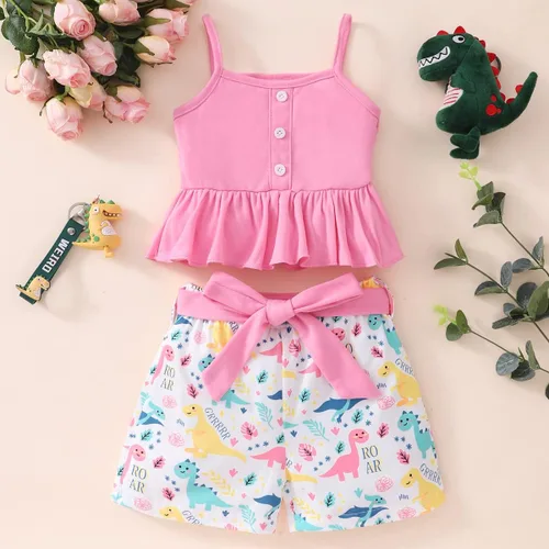 Vista 2 de Conjunto de 2 piezas para niña, camisa y pantalones cortos con cinturón, ropa de verano de 2 a 7 años