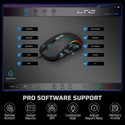 Vista 8 de LTC MKM051 MMO Mouse para juegos, 10 botones programables, 7200 DPI, mouse RGB con cable, construcción ergonómica de agarre natural, 5 teclas macro