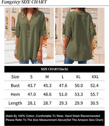 Vista 4 de Fangetey Camisa de manga corta para mujer, casual, cuello en V, de algodón, lino, holgada, para verano