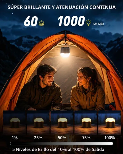 Vista 3 de Linterna de campamento recargable de 1000 lúmenes, luz LED para tienda de campaña con batería de 4000 mAh, hasta 110 horas de tiempo