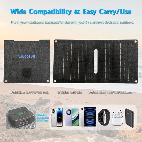 Vista 2 de Panel solar portátil (5 V 2 A máx.) con puerto USB-A para teléfono celular, ventilador, linterna, paneles solares impermeables IPX4, cargador solar