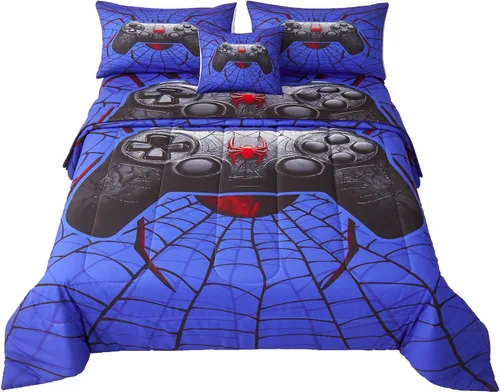 Vista 11 de Juego de edredón de 6 piezas para videojugadores de temática negra, para niños, adolescentes y adultos, con edredón, sábana encimera, sábana bajera