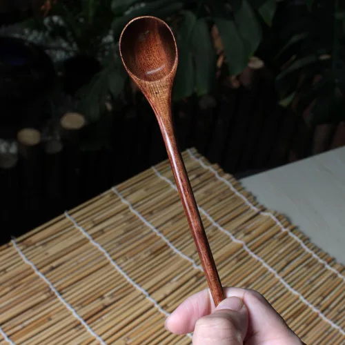 Vista 7 de Meiyahome - Cuchara de madera larga de mango redondo de 8 pulgadas, cuchara mezcladora hecha a mano de material Nanmu, cuchara de café de 7.9 in