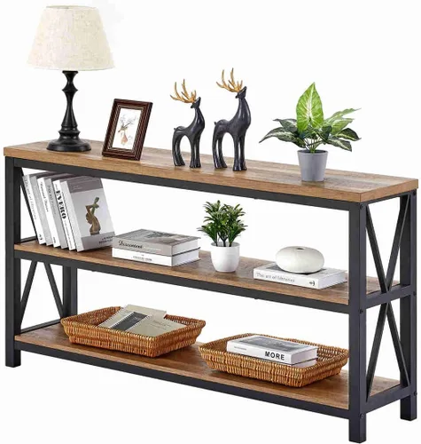 Vista 7 de FATORRI Escritorio industrial en forma de L, estantería resistente y mesa de consola para oficina en casa (roble rústico)