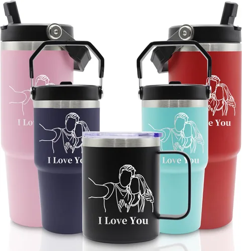 Vista 9 de Vasos de acero inoxidable grabados personalizados con nombres, tazas aisladas personalizadas con asa, taza de café de viaje, regalos para ella/él