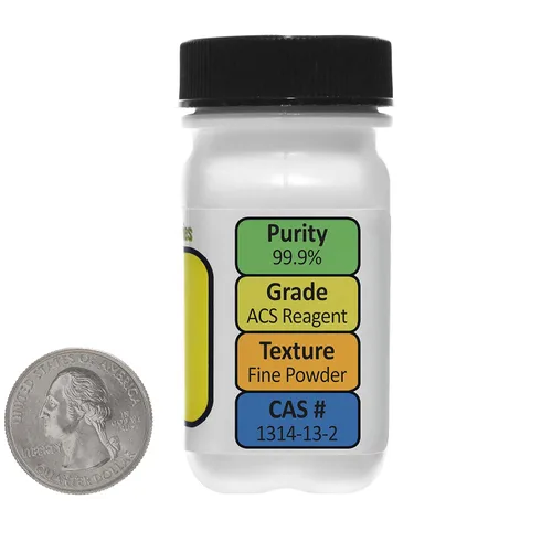 Vista 2 de Óxido de zinc [ZnO] 99.9% ACS grado polvo 2 onzas en una mini botella ahorradora de espacio