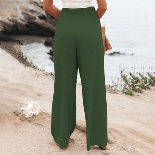 Vista 6 de oliwex Pantalones palazzo casuales de pierna ancha para mujer, pantalones palazzo de cintura alta para mujer, casuales con bolsillos