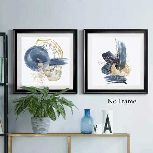 Vista 5 de GADZRTIL Cuadro geométrico azul, pintura azul dorada, impresión geométrica abstracta, lienzo índigo, arte de pared, póster minimalista azul, arte