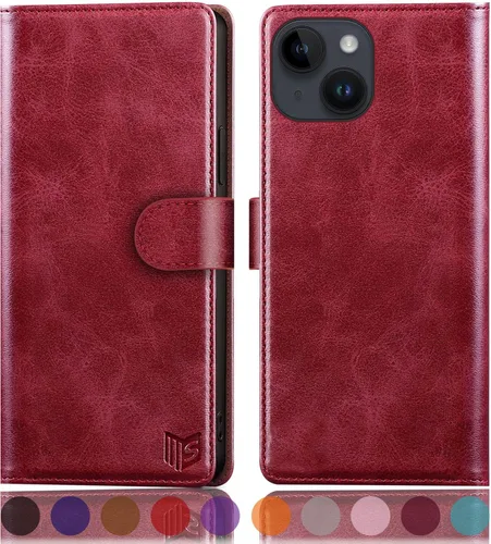 Vista 25 de SUANPOT Funda protectora tipo cartera con función atril para iPhone 15 de 6.1 pulgadas, con soporte para tarjetas de crédito RFID, funda de piel