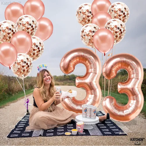 Vista 5 de KatchOn, Globos de oro rosa con el número 33, 40 pulgadas, decoraciones de cumpleaños número 33 para mujer, globo de cumpleaños 33 con globos
