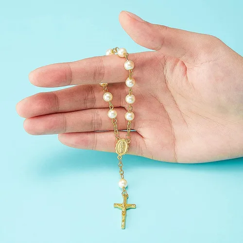 Vista 3 de 30 Pieces Baptism Rosary Gold Plated Finger Baptism Rosaries Acrylic Faux Pearls Rose Rosary Beads Recuerdos De Bautizo Communion Favors Christening
