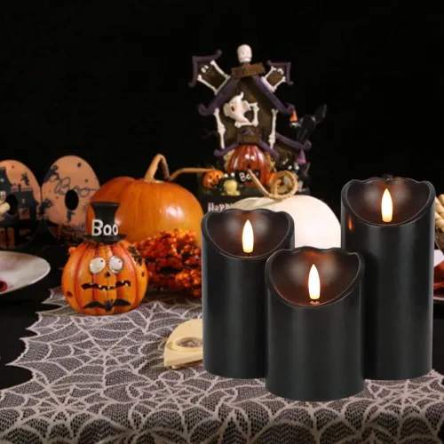 Vista 6 de Velas de pilar sin llama negras con temporizador de 6H, alimentadas por batería AAA, mecha y cera reales, velas LED parpadeantes con tema