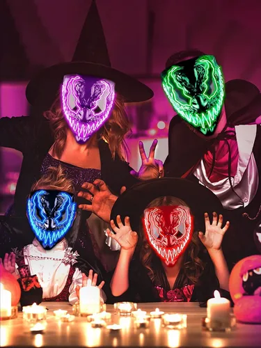 Vista 2 de Fokiabin Máscara de Halloween de Purga LED para festival, disfraz de cosplay, fiesta de miedo, máscara de neón brillante para adultos, niños