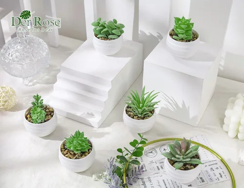 Vista 4 de Der Rose Paquete de 6 plantas falsas y 6 paquetes de plantas suculentas para dormitorio, sala de estar, oficina, estante de decoración de baño