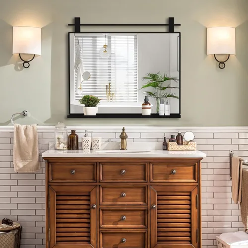 Vista 13 de ANYHI Espejos de baño para pared, espejo de pared de metal con estante, perfecto para sala de estar, dormitorio, entrada, rectangular, vertical Negro