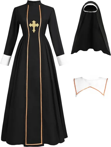 Vista 12 de CR ROLECOS - Disfraz de monja de terror de talla grande, disfraz de sacerdote para Halloween, color negro