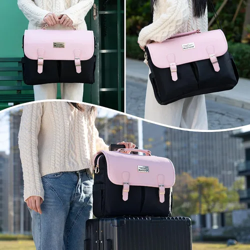 Vista 4 de Bolsa de mano para laptop para mujer, bolsa de trabajo de lona de 15.6 pulgadas con 17 bolsillos, color negro y beige, elegante, duradera y ligera