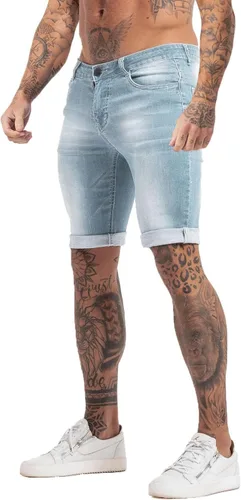 Vista 3 de GINGTTO Pantalones cortos de mezclilla para hombre, corte ajustado, elásticos, rasgados