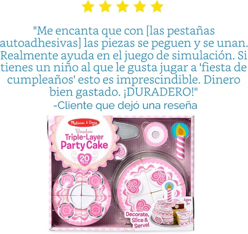Vista 6 de Juguete de madera en forma de pastel de fiesta de tres capas Melissa & Doug, construcción robusta con pestañas autoadhesivas, gran regalo para niñas