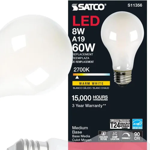 Vista 3 de Satco Bombilla LED A19 de 8 W, 2700 K, blanco suave, 800 lúmenes, base media E26, regulable, haz de 320 grados, accesorio cerrado nominal de 120 V