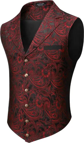 Vista 15 de COOFANDY - Chaleco para hombre, estilo victoriano y steampunk, con estampado paisley floral, gótico, para traje formal y esmoquin, con solapas
