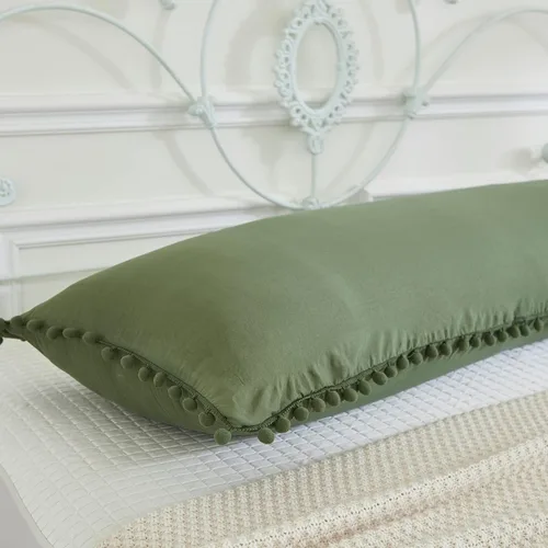 Vista 25 de Juego de 2 fundas de almohada con pompones color verde aguacate, tamaño Queen estándar, 100% microfibra lavada, funda de almohada con flecos de bola