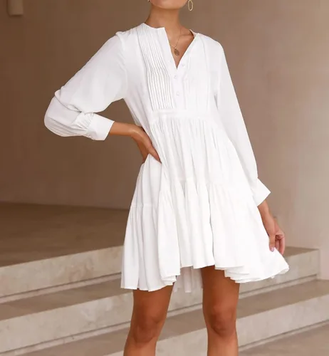 Vista 5 de R.Vivimos Vestido corto de manga larga de algodón casual con volantes y botones para mujer