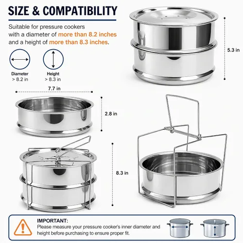 Vista 2 de WUWEOT - Compartimentos para cocción al vapor apilables, olla a presión de 2 niveles de acero inoxidable, accesorios para olla instantánea con asa