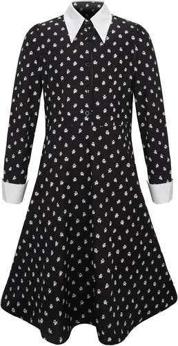 Vista 2 de Wednesday Addams Costume for Adult Women Kids Girls Long Sleeve Peter Pan Collar Black Dress Halloween Night Costume
