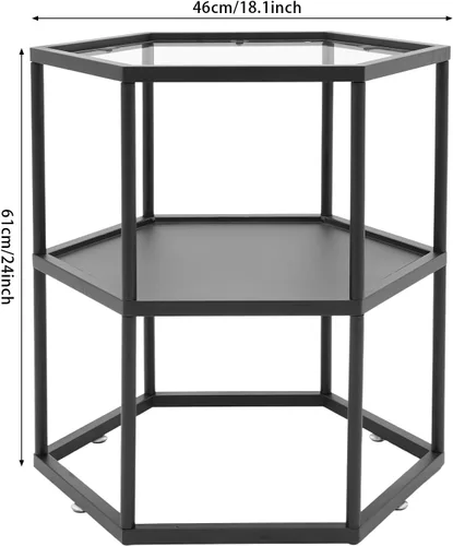 Vista 2 de Mesa auxiliar geométrica negra, mesa auxiliar de metal de 2 niveles con panel de vidrio, mesa auxiliar moderna y simple con estante