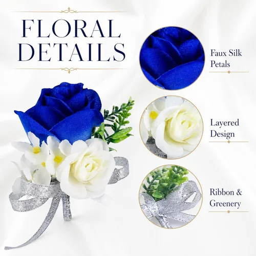 Vista 5 de ChezMax Ramillete artificial de flores hechas a mano con clip y cinta, 4 unidades para novia, novio, boda, fiesta de graduación