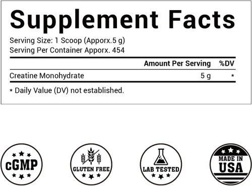 Vista 2 de Monohidrato de creatina en polvo, polvo de creatina micronizada, sin sabor, puro y sin gluten, 0.18 oz (5000 mg) por porción, 5.1 lbs (5 libras)