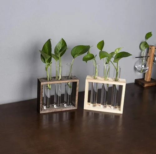 Vista 6 de Estación de propagación de plantador de tubo de ensayo de vidrio colgante de pared con soporte de madera, soporte de terrario para plantas