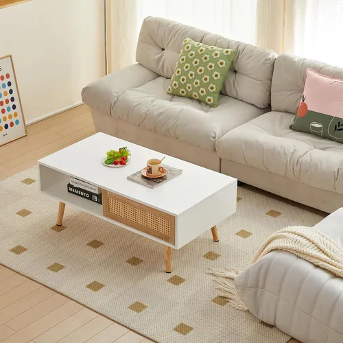 Vista 9 de AMNOOL Mesa auxiliar rectangular de ratán de 41.34 pulgadas, mesa central de madera para sofá, puerta corrediza, patas de madera maciza, se puede
