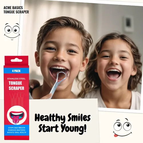 Vista 2 de Raspadores de lengua, paquete de 4 para adultos y niños. Limpiadores de lengua reutilizables de acero inoxidable para reducir el mal aliento