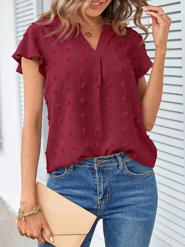 Vista 2 de MEROKEETY Blusa de manga corta con volantes y cuello en V para primavera 2026, para verano, con lunares suizos, elegante, informal, con vuelo