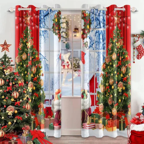 Vista 19 de AWERT Cortinas de Navidad para sala de estar, Navidad tradicional temporada de invierno, árbol de Navidad, juego de 2 paneles de cortinas opacas