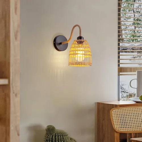Vista 4 de Aplique de pared de ratán hecho a mano, lámpara de mimbre estilo granja, luz vintage, retro, negro, E26 E27, accesorio de iluminación para sala