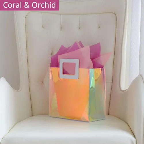 Vista 5 de VUOJUR 1 bolsa de regalo reutilizable S de 8.3 pulgadas y 1 M de 11 pulgadas con papel de seda, coral y orquídea