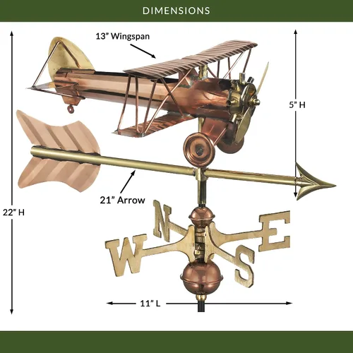 Vista 2 de Good Directions Biplane con veleta de flecha, incluye poste de jardín, cobre puro, veletas de avión, decoración de aviación